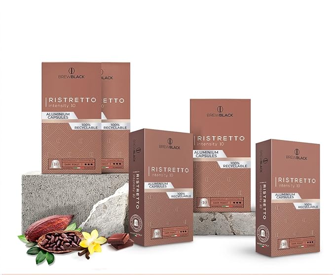 BrewBlack Ristretto Coffee Capsules - 50 Aluminum Coffee Pods Compatible with Nespresso Original line, Medium Roast - Intensity 10/12, Made in Italy
