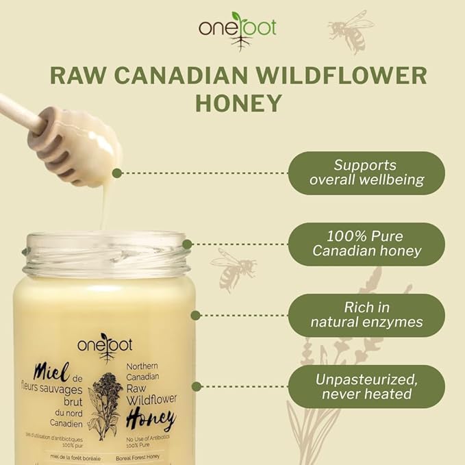Oneroot 100% Canadian Flower Honey - Honey Wildflower Unfiltered, Unheated & Creamed, Nutrient Rich Raw Wildflower With Enzymes, Thick Natural Sweetener (1.1 lbs)