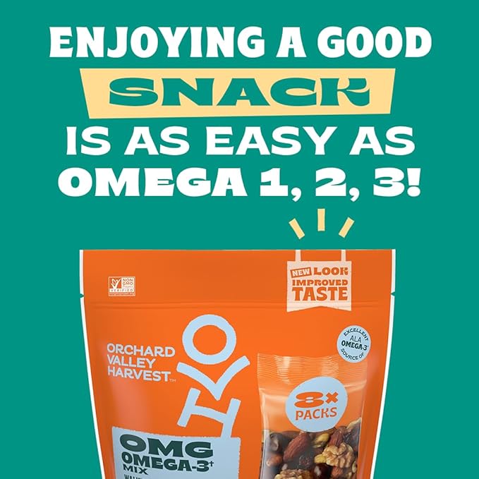 Orchard Valley Harvest OMG Omega-3 Mix, 14 pack (2 oz), Walnuts, Dark Chocolate Blueberries, Sweetened Cranberries, Almonds, And Pistachios, Gluten Free, Stand Up Bag, Non-GMO, Healthy Snacks for Adults