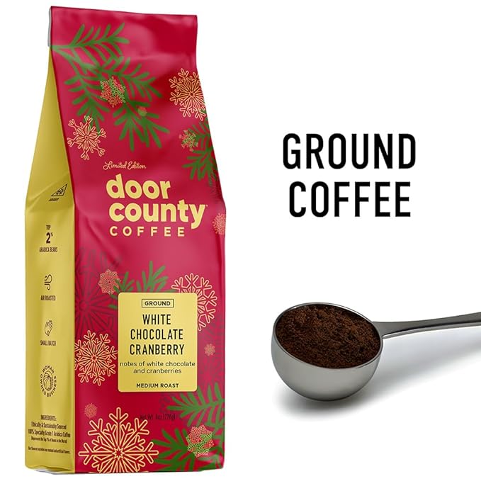 Door County Coffee White Chocolate Cranberry Flavored Coffee Ground - 8oz Bag - Holiday Seasonal - Medium Roast - 100% Specialty Arabica