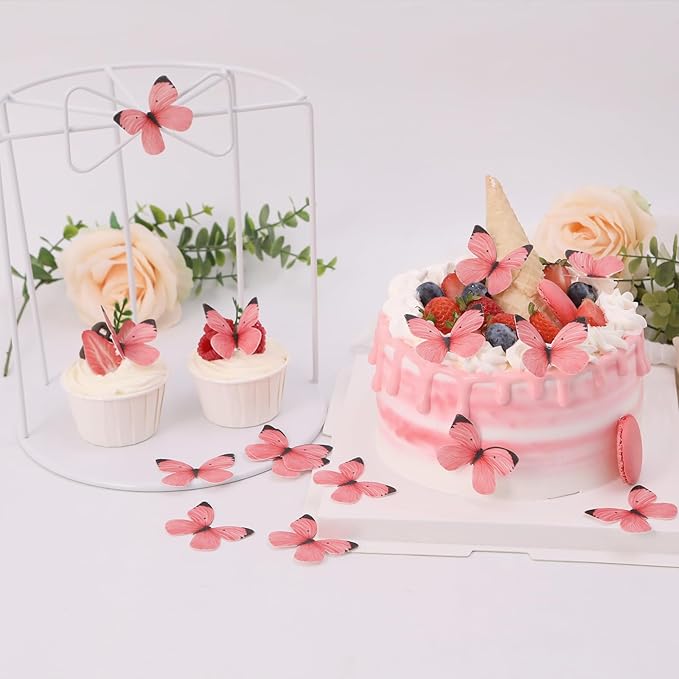 50PCS Edible Butterflies for Cake Decorating Pink Butterfly Cake and Cupcake Toppers Small Pastel Wafer Paper butterfly Decor for Wedding Baby shower Birthday Cake Topper Pink