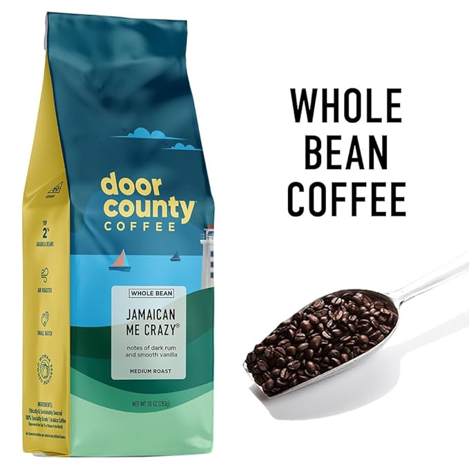Door County Coffee Jamaican Me Crazyì§?Flavored Whole Bean - 10 oz Bag - Medium Roast - 100% Specialty Arabica - Flavored Gourmet - Jamaican Me Crazy