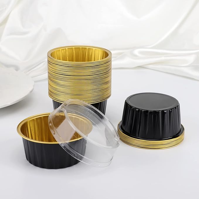 EUSOAR Disposable Creme Brulee Ramekins, 60pcs 5oz Cupcake Liners with Lids Aluminum Foil Baking Dessert Cups Holders, Mini Muffin Ramekins Cheesecake Pan for Catering Wedding Party Favor-Black Gold