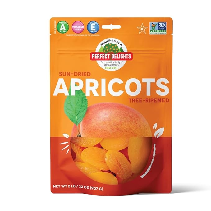 Perfect Delights Sun-Dried Turkish Apricots, Vegan & Healthy Fruit Snack for Kids and Adults - Single Pack (32 oz)