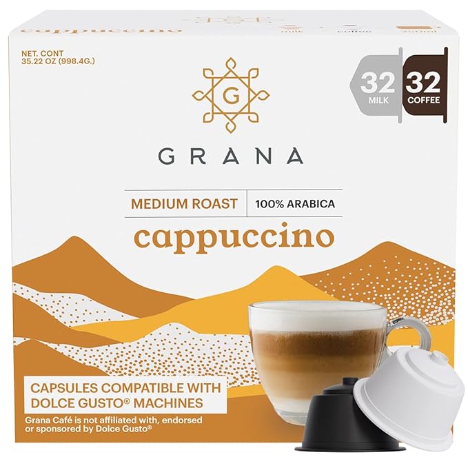 G GRANA Cappuccino Coffee Capsules Compatible with Nescafe Dolce Gusto Machines, 64 Single Serve Pods - 100% Arabica Single Source Ethical Coffee