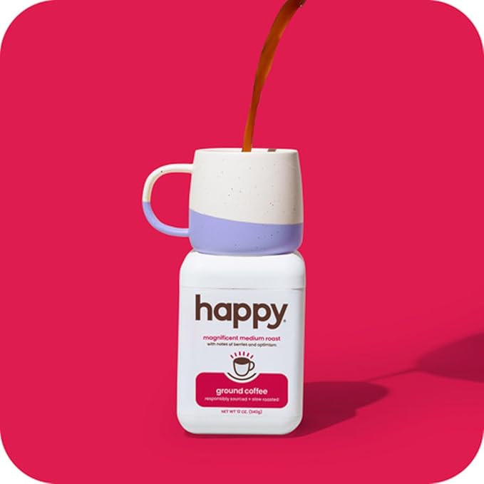 happy coffee medium roast ground coffee, 12 oz., notes of berries & optimism, recyclable container, grown & harvested in Brazil & Colombia, ra챠z sustainability verified