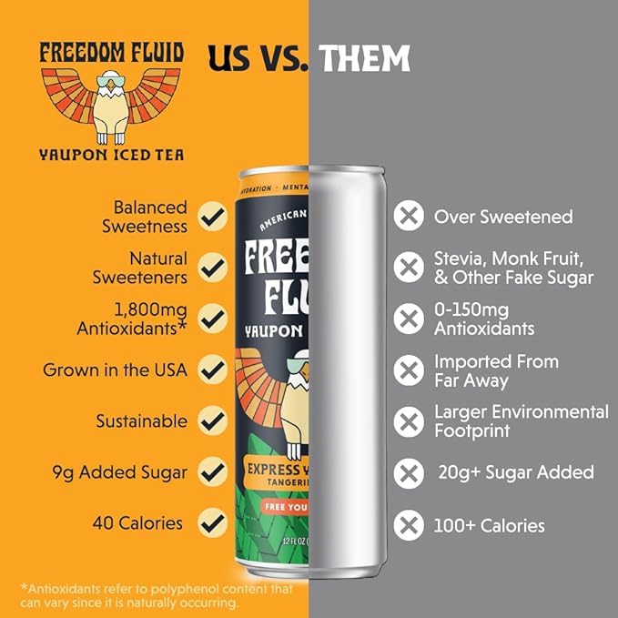 Freedom Fluid Organic Yaupon Iced Tea – Tangerine Mint | Herbal Tea Drink | Lightly Sweetened, Low Sugar, Low Calories, Real Brewed Tea, Clean Ingredients, Antioxidant Rich, Natural Caffeine, 12 Pack (12 oz cans)