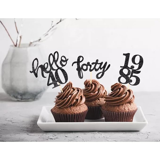 Black Glitter 40th Birthday Cupcake Toppers 40th Birthday Celebrating Party Decorations - Set of 24