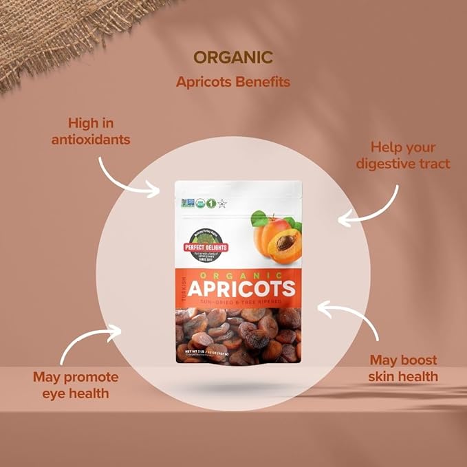 Perfect Delights Sun-Dried Organic Apricots, Vegan & Healthy Fruit Snack for Kids and Adults - Single Pack (32 oz)