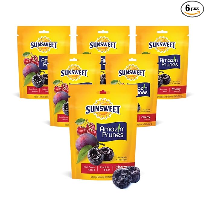 Sunsweet Amazin' Prunes Cherry Essence - Prunes Pitted Unsweetened & Dried - Gluten Free, Vegan, Low Fat - Fiber & Minerals - 6 oz pouch - 6 Pack
