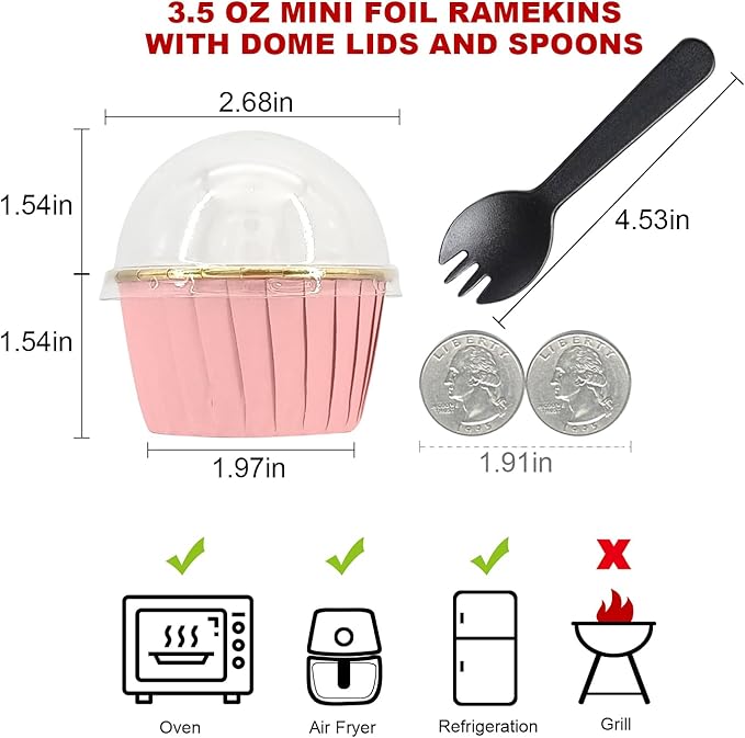 Cupcake Liners for Baking 100Pack,Free-Air 3.5Oz Foil Baking Cups with Dome Lids,Disposable Muffin Tins Muffin Cups for Wedding Birthday Party, with Spoons-Pink in gold