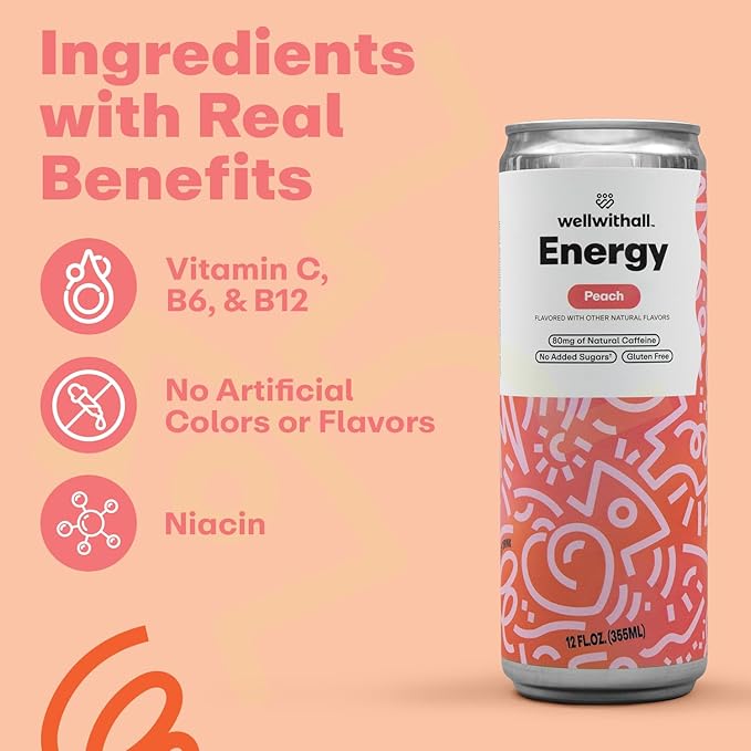 WellWithAll Energy Drink Variety Pack ??Fruit Punch, Tropical Mango, and Peach Flavors ??Caffeine from Tea ??With Vitamin C ??Lightly Sparkling Beverage ??Fruit & Veggie Juice Blend ??12 Oz (Pack of 12 ??4 Cans of Each Flavor )