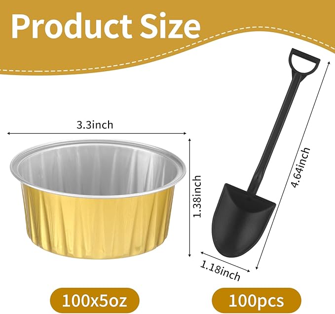 100Pack Alluminum Cupcake Containers, 5oz Dessert Cups with Lids, Mini Cake Pans With Lids&Spoons for Gift Holiday Birthday Party Cake Baking Sales Mini Storage Box Stackable Portable (gold)