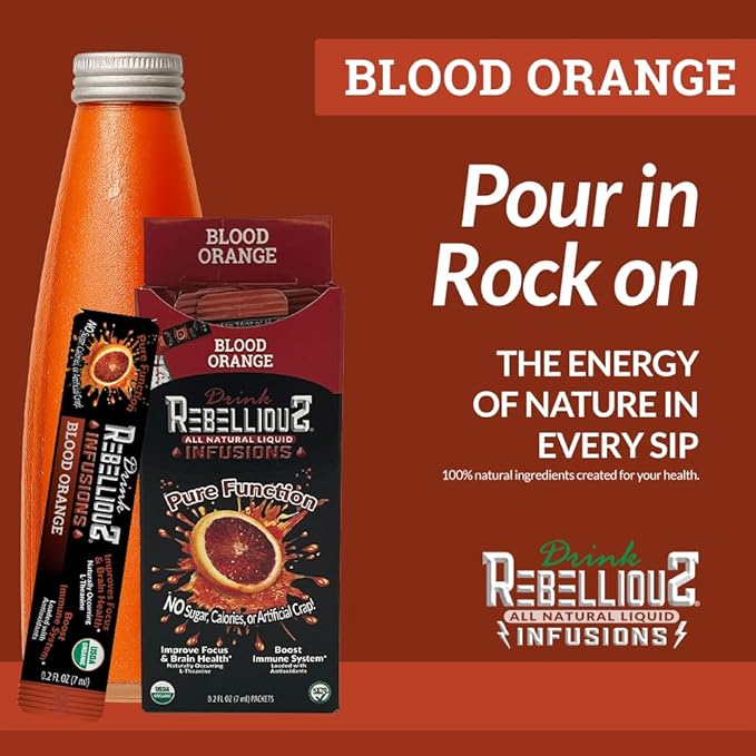 Rebellious Blood Orange Organic Drink Mix ??Organic Zero Calorie Energy Drink Mix | Monk Fruit & Green Tea Extract | L-Theanine + Natural Caffeine | 100% Plant-Based | Pack of 10 | Keto,Gluten-Free