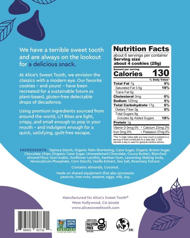 Alice's Sweet Tooth Chocolate Chip Cookie Bites - Gluten-Free, Vegan, Crunchy Mini-Cookies - Plant-Based, Dairy-Free, Grain-Free, Soy-Free, Kosher ??5.5 ounces