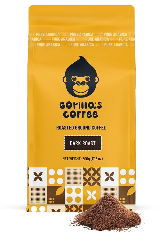 Gorilla's Coffee 100% Arabica - Dark Roast Ground Coffee, Fair Trade, Full Bodied, with Bold with a Touch of Smokiness | Premium Rwandan Coffee | Rich, Flavorful, and Aromatic (500 g/17.6 oz)
