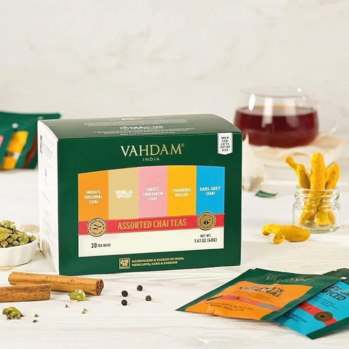 VAHDAM, Assorted Chai Tea Bags Sampler (5 Flavors, 20 Ecofriendly Pyramid Tea bags) I Gift Ideas for Women & Men | Masala Chai Tea Varieties from India | Gluten Free & Non GMO | Gifts for Him/Her