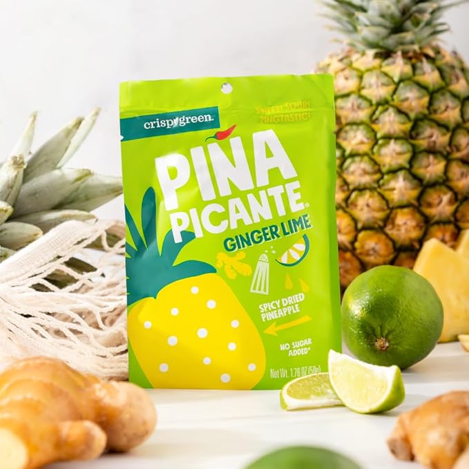Crispy Green Pi챰a Picante, Ginger Lime Dried Pineapple, Healthy Real Fruit Snacks, 1.76 Ounce, 12 Single Serve Bags