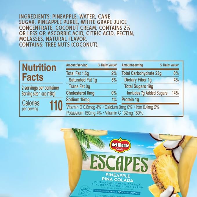 Del Monte Escapes Pineapple Pina Colada, 7 oz Cups, Pack of 6 (12 Cups)
