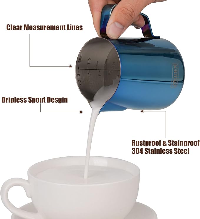 Milk Frothing Pitcher, 12oz Espresso Steaming Pitchers Stainless Steel Cappuccino Coffee Machine Accessories Barista Tools Steam Froth Pitchers Milk Jug Cup with Decorating Pen Latte Art, Blue