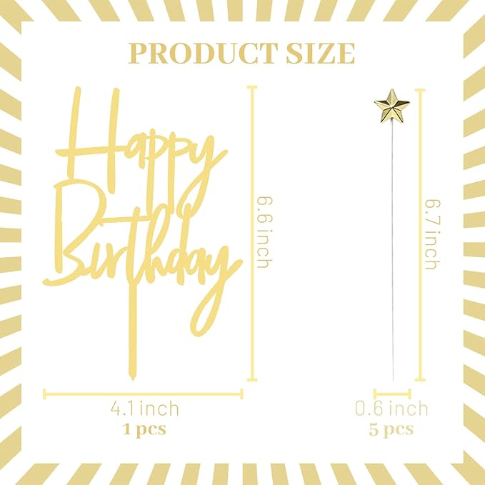 ZHENGYE Set of 1 Glod Acrylic Happy Birthday Cake Topper And 5 Pieces Glod Star-Shaped Cupcake Topper Cake Decoration Supplies for Baby Shower Birthday Decorations(Glod 20)