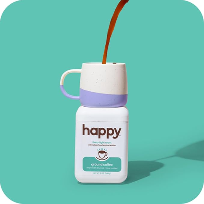 happy coffee light roast ground coffee, 12 oz., notes of cashew & elation, recyclable container, grown & harvested in Colombia, Brazil & Guatemala