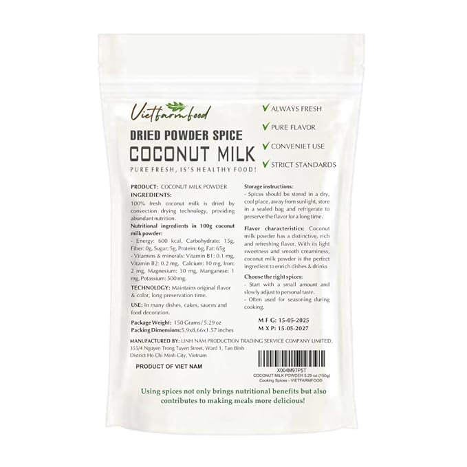 COCONUT MILK POWDER 5.29 Oz (150g) VIETFARMFOOD: Pure, natural freeze-dried spice made from real vegetables and fruits - perfect for enhancing every meal, from cooking, baking, salads, soups, sauces