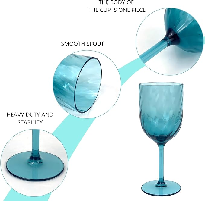 Yalin Set of 6 Unbreakable 15 oz Acrylic Plastic Wine and Water Tumbler Stackable Goblets. (Cyan, 15 oz)