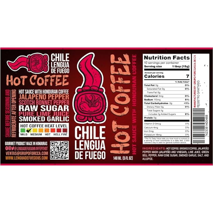 Chile Lengua de Fuego Hot Coffee Hot Sauce – 1 Bottle – Brewed Coffee, Jalapeño, Smoked Garlic & Lime – Bold, Savory Heat – Artisan Honduran Sauce – Small Batch, All-Natural