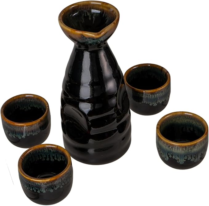 Urban Tokyo Japanese Sake 5 Piece Set Include 1 Sake Bottle and 4 Cups for Hot or Cold Sake Home or Restaurant Use Reactive Glazed Ceramic (Black Brown)