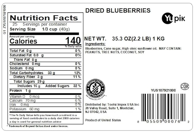 Yupik Dried Blueberries, 2.2 lb (35.2 oz), Gluten-Free, Kosher, Sweet Dried Fruits, Whole Berries, No Sulphites, Source of Fiber & Vitamins, Healthy Snacks, Ideal for Baking & Topping