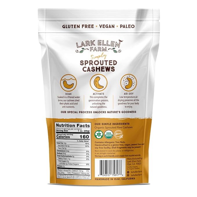 Lark Ellen Farm Sprouted Organic Certifed Cashews Unsalted - 10 oz Bag, Non GMO, Keto Snacks, Paleo, Gluten Free, Vegan, Organic, Plant Based, High Protein, Low Glycemic Index, Peanut Free Facility??,<div>