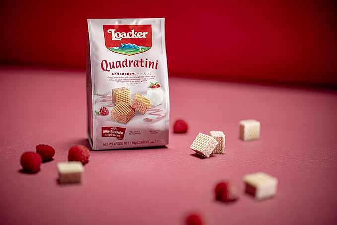 Loacker Quadratini Raspberry Yogurt Wafer Cookies LARGE - 30% Less Sugar - Premium Crispy Bite Size Wafers - LARGE Pack of 6