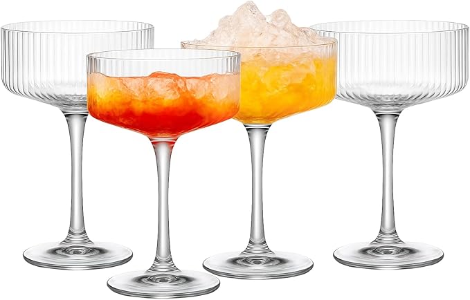 Vintage 4 Pcs Ribbed Coupe Glasses, 11 oz 100% Crystal Coupe Glass Set, Unique Martini Glass, Classic Cocktail Glassware, Bar Drinking Glasses Set Pefect for Cocktail, Wine, Champagne, Espresso Gift