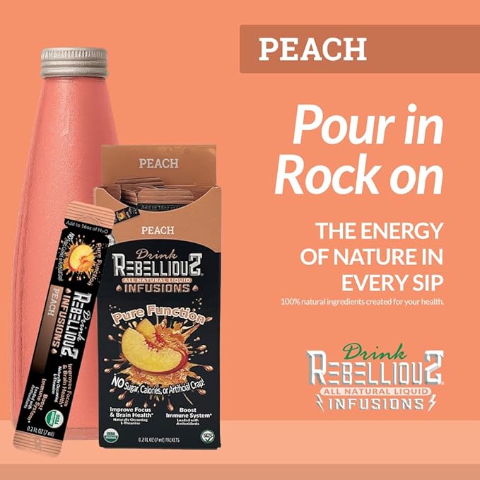 Rebellious Peach Organic Drink Mix ??Organic Zero Calorie Energy Drink Mix | Monk Fruit & Green Tea Extract | L-Theanine + Natural Caffeine | 100% Plant-Based | Pack of 10 | Keto, Kosher, Gluten-Free