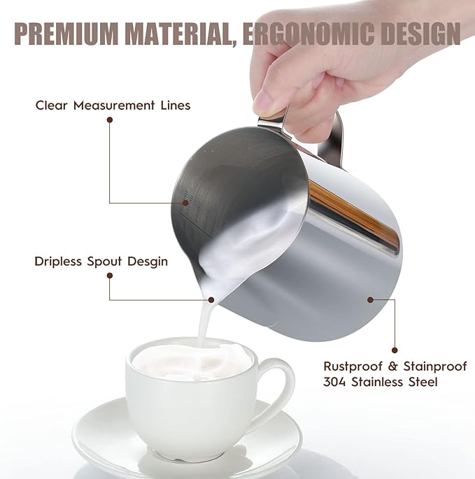 Milk Frothing Pitcher, Thicker Version 20oz Espresso Steaming Pitchers Stainless Steel Cappuccino Coffee Machine Accessories Barista Tools Steamer Pitchers Milk Jug Cup with Decorating Pen Latte Art