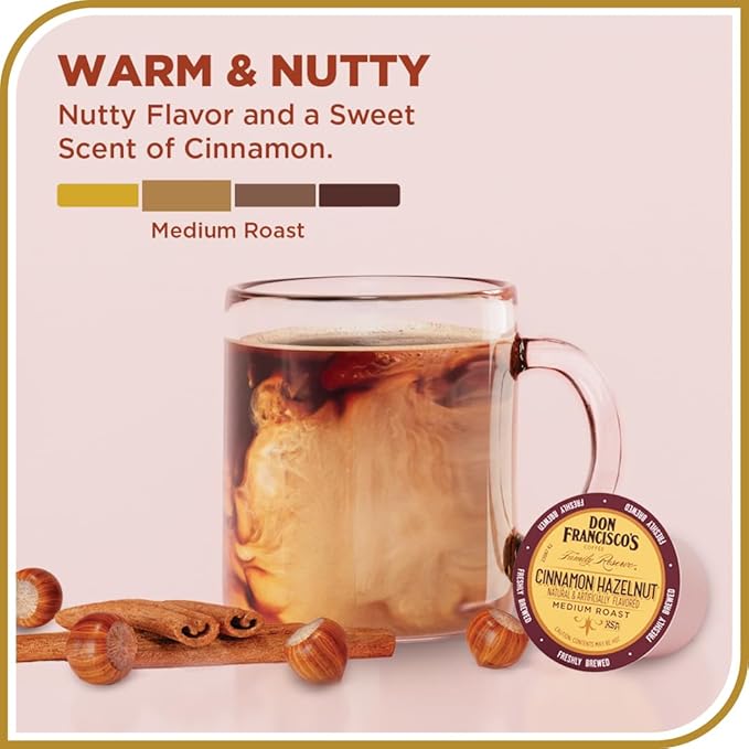 Don Francisco's Cinnamon Hazelnut Medium Roast Coffee - 55 K-Cup Compatible Single-Serve Pods - 100% Arabica - Compatible with Keurig Brewers