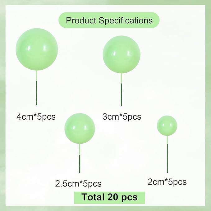 BEISHIDA 20 PCS Light Green Mini Ball Cake Toppers Foam Cake Balls Decoration Supplies for Happy Birthday Anniversary Wedding Baby Shower Cake Decorations