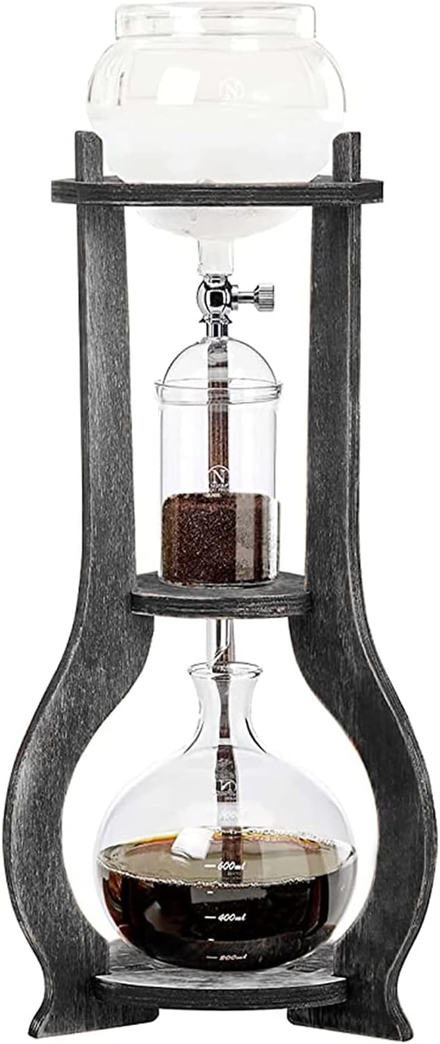 Cold Brew Drip Coffee Maker, 600ml/20.29 Ice Coffee Brewer Machine Cold-Drip Coffee Tower with Glass Container Wood Stand for Home Office