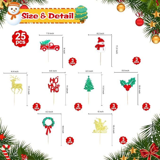24Pcs Merry Christmas Cake Topper HO HO Christmas Cupcake Toppers Snowman Xmas Tree Deer Cupcake Picks for Xmas Holiday Birthday Party Baking Supplies Cake Decorations