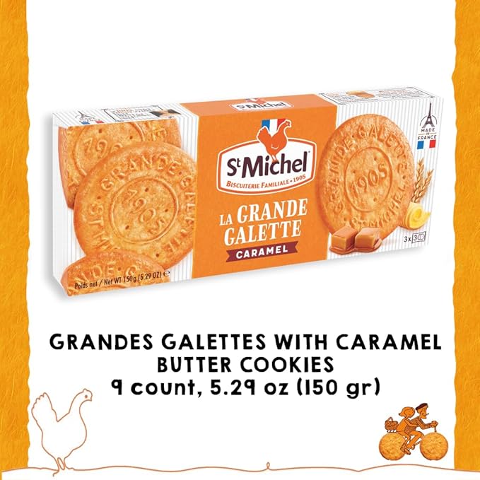 St Michel Caramel Grandes Galettes Butter Cookies Biscuits 5.29oz, Made In France, Pack of 4 Non-GMO total of 36 Butter Cookies