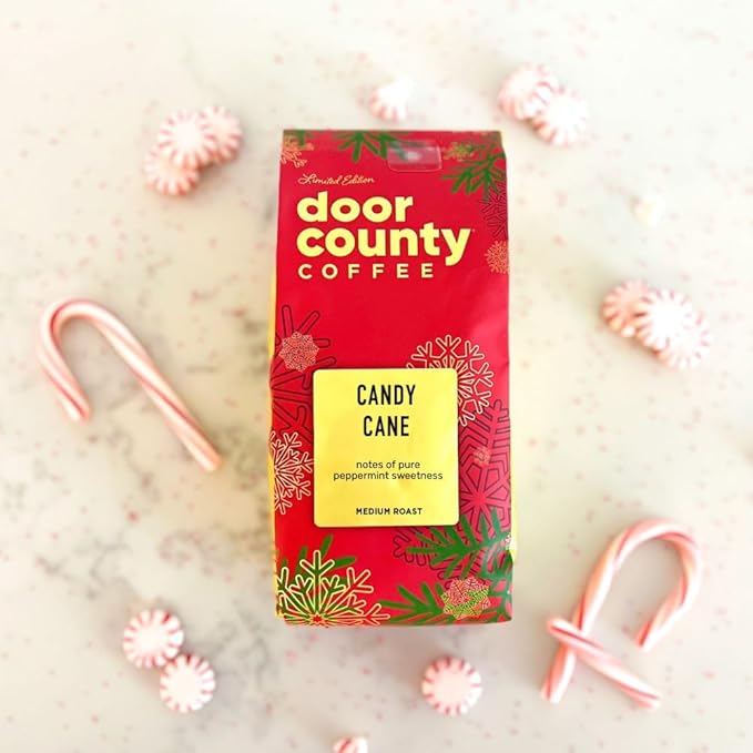 Door County Coffee Candy Cane Flavored Coffee Ground - 8oz Bag - Holiday Seasonal - Medium Roast - 100% Specialty Arabica - Peppermint Flavor