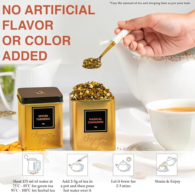 CHAYAM Cinnamon Tea & Spice Turmeric Tea, Combo Pack | 50g/1.77 oz Each | Cinnamon with Orange, Clove, Star Anise | Turmeric with Black Pepper, Ginger, Bergamot | 100% Natural, No Sugar