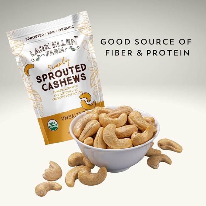 Lark Ellen Farm Whole Cashews, Salted Raw Sprouted Nuts, Certified USDA Organic, Gluten-Free, Vegan Snacks (10 oz, 6 pack)