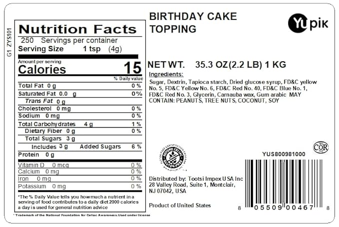 Yupik Birthday Cake Sprinkles, 2.2 lb (35.2 oz), Rainbow Nonpareil Sprinkles, Gluten-Free, Kosher, Cholesterol-Free, Sodium-Free, Fat-Free, Ideal for Ice Cream, Cakes & Donuts Decorating