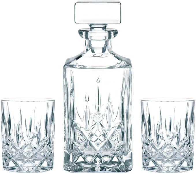 Nachtmann Noblesse 3-Piece Crystal Whiskey Set - 25oz Decanter with Stopper & 10.4oz Tumblers, Luxurious Glassware for Elegant Home Bars & Whiskey Enthusiasts - Modern Glass Collection