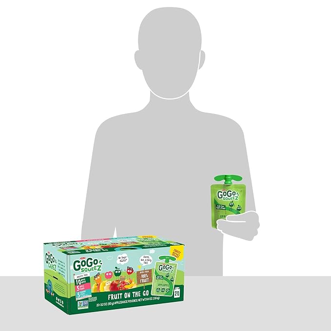 GoGo squeeZ Applesauce and Fruit Puree Variety Pack, Apple, Peach & Gimme Five!, 3.2 oz (Pack of 20), Unsweetened Fruit Snacks for Kids, Gluten Free, Nut Free and Dairy Free, BPA Free Pouches