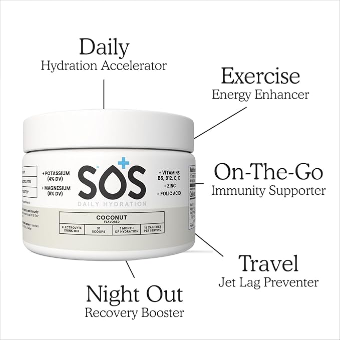SOS Hydration Coconut Electrolyte Drink Mix (31 Servings) ??Low Sugar, 15 Calorie, Keto-Friendly & Rapid Rehydration