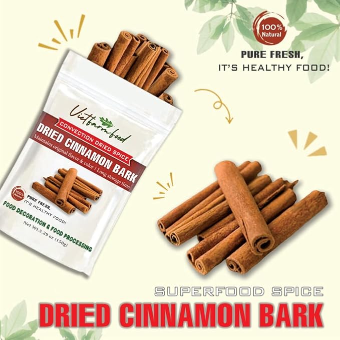 DRIED CINNAMON BARK 5.29 Oz (150g) VIETFARMFOOD: Natural pure, convection dried seasoning made from real vegetable, fruit - perfect for adding flavor to any meal, cooking, baking, salad, soup, sauce