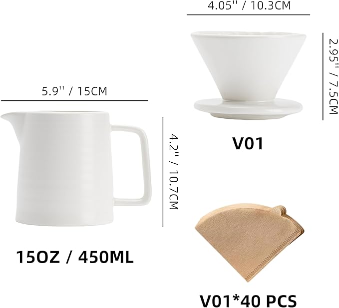 Pour Over Coffee Maker,Ceramic Coffee Maker With 40 pcs V60 Paper Filter竊?5oz/450ml Pour Over Coffee Dripper (White, V01)